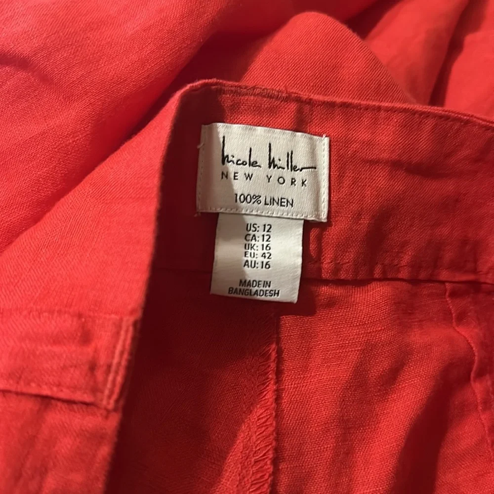 NWT Nicole Miller New York 100% Linen Pant Front Pockets Orange Red